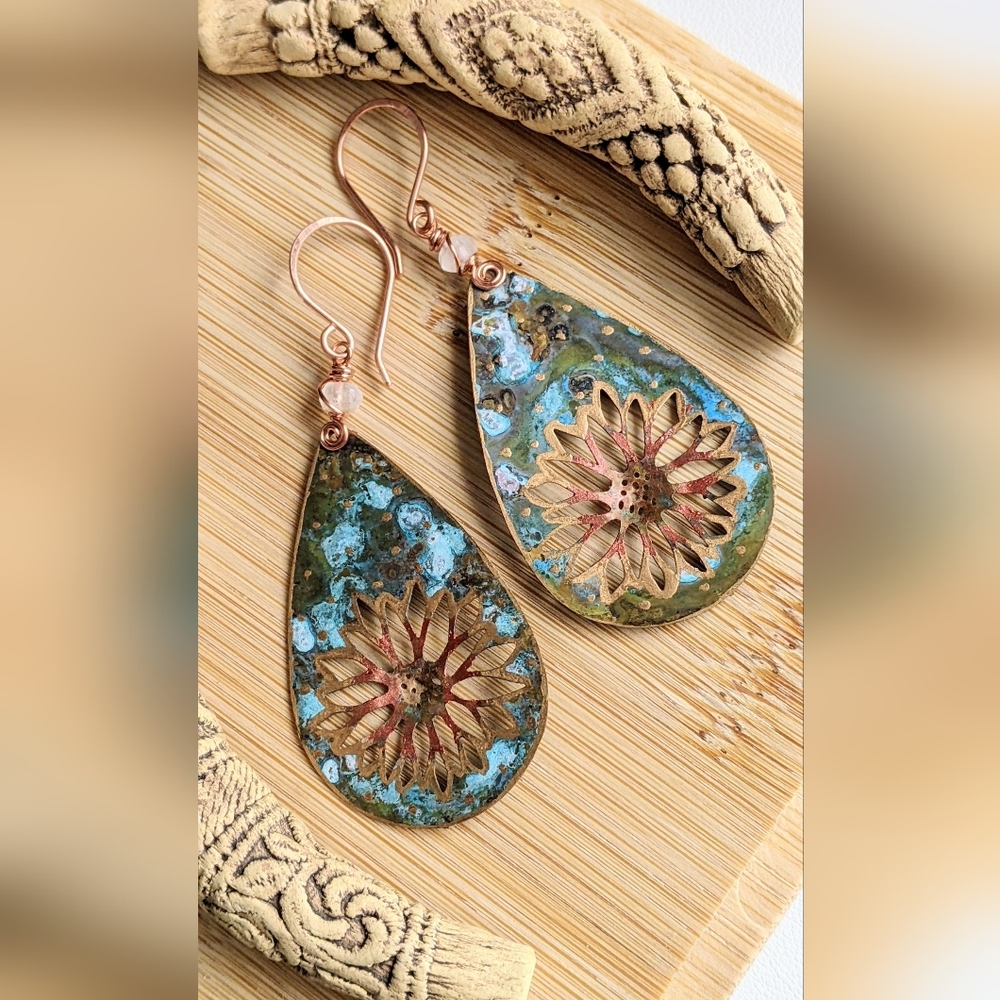Boho Chic Statement Earrings Vintage Brass Charms Faceted Moonstone Gems